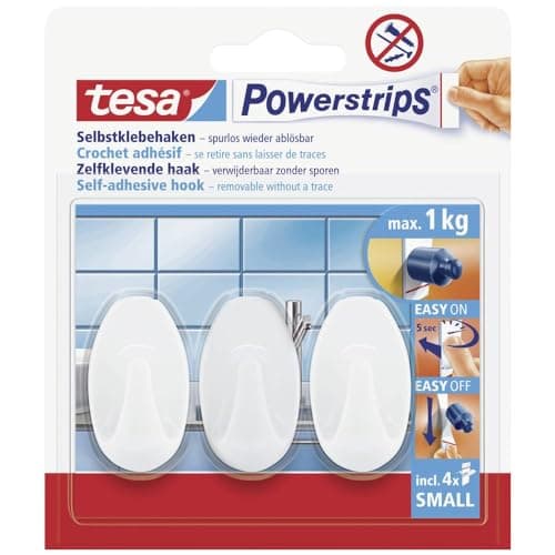 Image of tesa UK Powerstrips Hooks Small OVAL - Removable Self-Adhesive Wall Hook for Glass, Tiles, Wood, Plastic and Other Surfaces - Waterproof - White - Strong Hold up to 1 kg