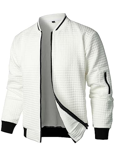 Image of HOOD CREW Men’s Zip Up Lightweight Bomber Jacket Casual Windbreaker Sport Varsity Jacket White 3XL