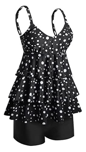 Image of ECUPPER Womens Tankini Sets with Shorts Plus Size Swimwear 2 Piece Swimsuits Ruffle Flounce Tankini Top and Shorts Polka Dots