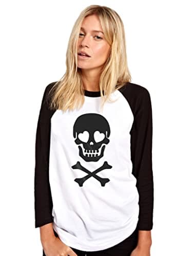 Image of Skull and Crossbones Heart Eyes Women's Baseball Top - White/Black XX-Large