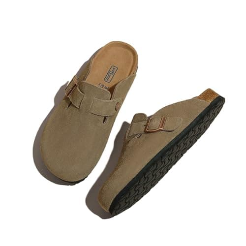 Image of Genuine Leather Clogs for Women Shoes - Memory Foam Insole, Non-Slip & Natural Cork Footbed Arch Support Big Buckle Clogs and Mules for Women Men Footwear