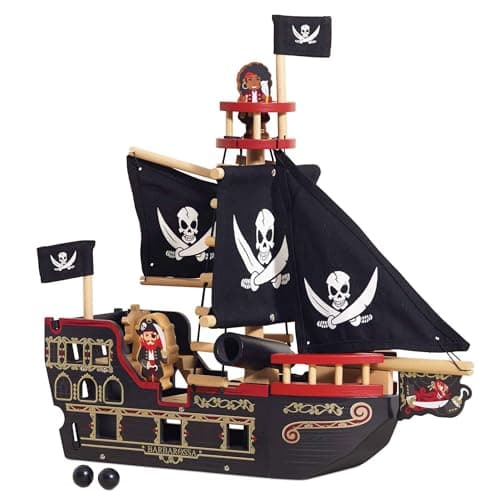 Image of Le Toy Van - Wooden Educational Pirates Collection Barbarossa Pirate Ship With Cannon, Cannon Balls, Plank, Trap Door and Anchor | Pretend Play Pirate Toys, Black, Medium