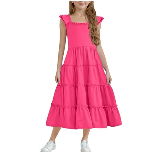 Image of Mrat Girls Dress Summer Square Neck Dresses Ruffled Puff Sleeve A-Line Skirt Kids Solid Casual Birthday Party Wedding 3-13 Years Elegant Summer Clothes Little Bridesmaids Princess Prom Petticoat s