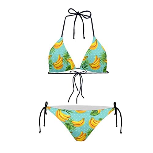 Image of Biyejit Tropical Palm Banana Women's String Two Piece Halter Top Triangle Bikini Set with Tie Side Bottom Sexy Swimsuit Bathing Suits