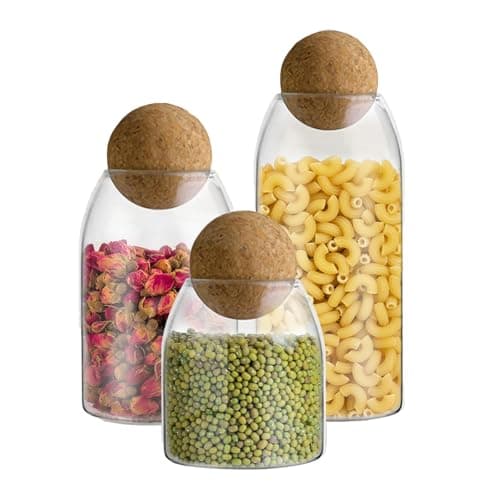 Image of Eidoct Storage Glass Jar with Ball Cork Lid, 3Pcs Glass Canisters with Cork Ball, Food-Safe Clear Glass Containers with Lids for Food, Coffee, Sugar, Spice, Tea,DIY- For Home, Kitchen & Bathroom