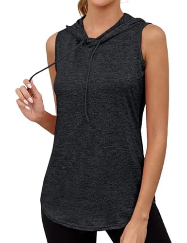 Image of Gyabnw Ladies Hooded Sports Vest Sleeveless Quick Dry Tank Top with Breathable Stretch Fabric for Fitness, Yoga and Casual Training Black