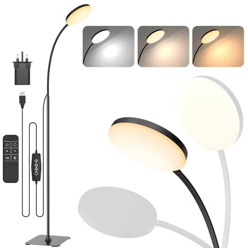 Image of Mojimdo LED Floor Lamp with Remote, 1H Timer Reading Standing Lamps with 3 Color Temperature & 5 Brightness Levels, Dimmable Floor Lamp for Living Room, Bedroom, Office