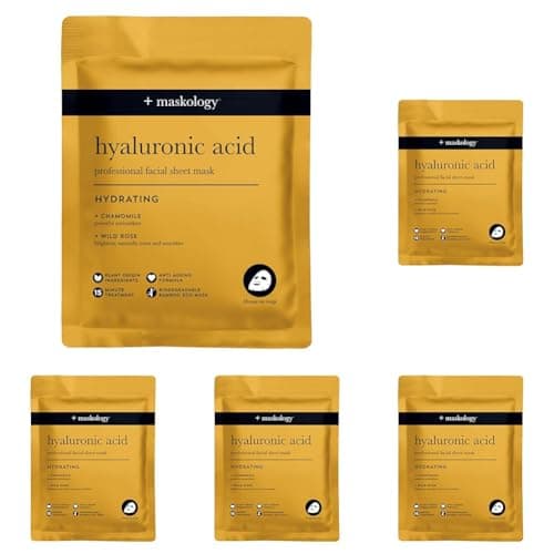 Image of MASKOLOGY HYALURONIC ACID Professional Face Sheet Mask Pack of 5 | Anti Aging Face Mask | Hydrating Face Masks Skincare | Chamomile & Wild Rose | 100% Plant Based |