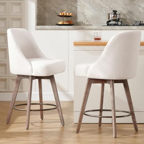 Image of Bekrvio Counter Height Bar Stools Set of 2, Mid-Century Modern Swivel Barstools with Back and Wood Legs, Linen Fabric Upholstered Chairs 65CM Seat Height Counter Stools (Linen Off White, 2PCS)
