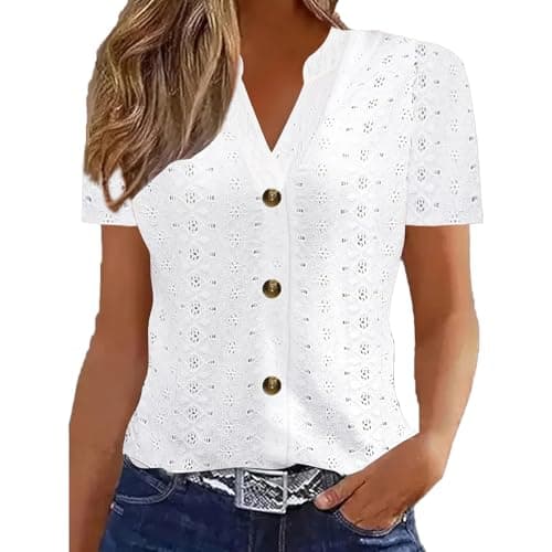 Image of Blouses for Women UK, Women's Summer Cotton Hollow Eyelet 3/4 Short T-Shirt V Neck Tunic Boho Top Fashion Baggy Solid Plain Casual Shirts Trendy Blouse