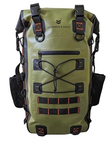 Image of Jackson & Cole Caiman Waterproof Backpack - LARGE 40L Dry Bag Backpack - Rolltop, Welded Seams, EDC Webbing for Fishing, Walking, Watersports (Jungle Green)