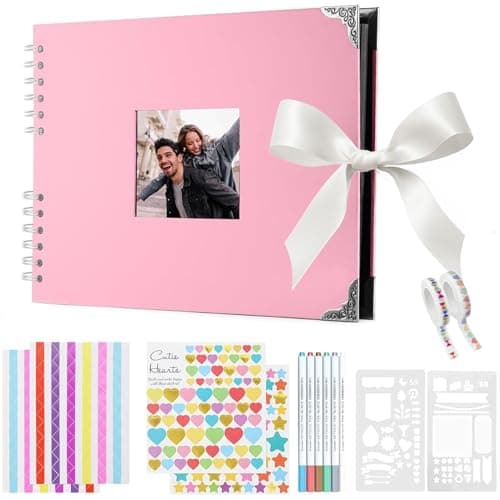 Image of Newthinking Photo Scrapbook with 80 Black Pages, 11.5 x 8.5 Inches Scrapbook Photo Album with Accessories, DIY Couples Memory Scrap Book for Anniversary Wedding Birthday (pink)