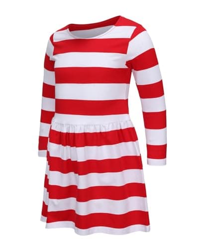 Image of Aisyee Girls Dress Long Sleeve Cotton Dresses Kids Red and White Striped Dresses for Girls Age 6-7 Years
