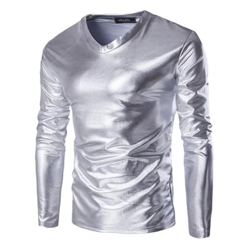 Image of Men's Metallic Shirts, Long Sleeves Shiny Wet Look Tunic Tops for Clubwear, V Neck Solid Leather Look Party Tee Top Blouse T-Shirt, Slim Fit Casual Pullovers for Dance Disco Nightclub Costume Silver