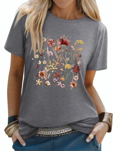 Image of Dresswel T Shirts for Women UK Vintage Botanical Floral Gardener T-Shirt Wildflower Graphic Tees Crewneck Short Sleeve Summer Tee Tops for Garden Lovers