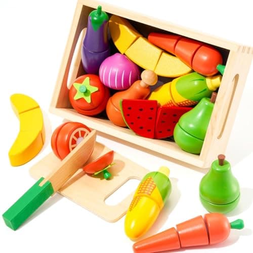 Image of SYNCFUN Wooden Play Food Toys for Kids, Kitchen Toy Play Sets - Cutting Fruits and Vegetables With Accessories for Children - Learning Gift for Boys and Girls 3+ Years