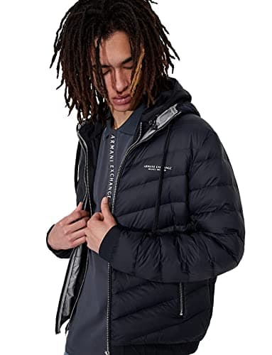 Image of Armani Exchange Men's Quilted Down Milano/New York Logo Zip-up Jacket Down Alternative Coat, Navy/Melange Grey, Small