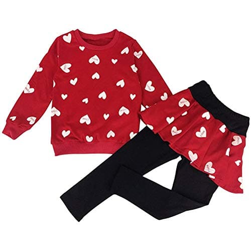 Image of DHASIUE Girls Toddler Cute Outfits Clothing Set Hearts Print Long Sleeve Sweatshirt T-Shirt Tops & Pantskirt Skirt Leggings Trousers Age 3-4 Years