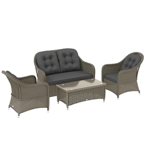 Image of Outsunny 4 Pieces Outdoor PE Rattan Garden Furniture with Cushions, Patio Special Hand Weave Wicker Conservatory Sofa Set with Glass Top Coffee Table, Light Grey
