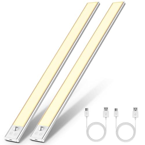 Image of OUILA Under Cabinet Kitchen Lights, 142 LED [2 Pack] Warm White Motion Sensor Lights Indoor Stepless Dimming, 2800mAh USB-C Rechargeable LED Lights for Cupboard, Kitchen