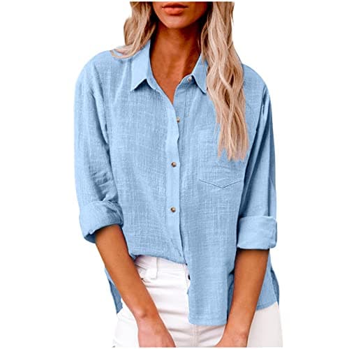 Image of Women's Tops Party Elegant Short/Long Sleeve Tops For Work UK Cotton Linen Blouse Button Down Casual Shirts Business Office Tunic With Breast Pocket Oversized Plus Size Blouses Light Blue XXL