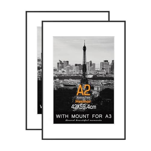 Image of Hesmor A2 Aluminum Acrylic Picture Frames in Black - A2 Photo Frames 16.5 x 23 inch Size Black Pictures Frames with Clear Plexiglass for Wall Mounting, Set of 2 Poster Frames with Mat for A3