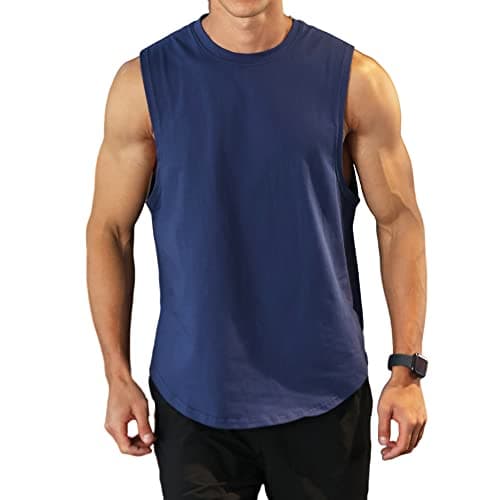 Image of Men's Workout Bodybuilding Tank Tops Athletic Training Gym Shirts Vest Cotton Cut Off Sleeveless Muscle T-Shirt Navy Blue L