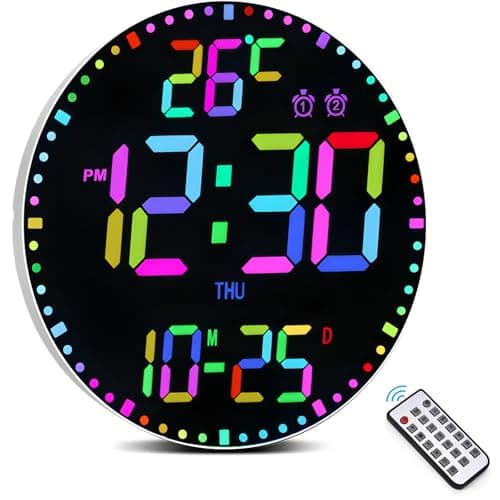 Image of Dhnvcud Large Digital Wall Clock with Remote Control 12" LED Large Display Timer with Temperature Date Week Auto DST Adjustable Brightness, Big Wall Alarm Clock 12 RGB Colors for Living Room Office