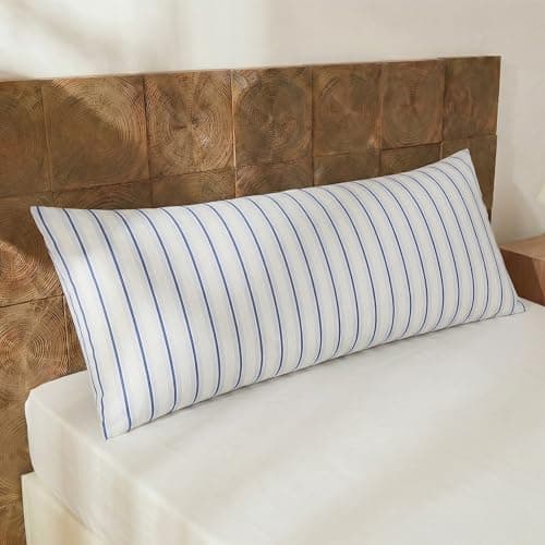 Image of Herside Body Pillow Cover 50x137cm, 100% Cotton Pillow Case, Blue and White Striped Pillowcase, Luxury Linen Like Pillowcase, Soft Breathable Wide Stripes Long Pillowcase, 1-Piece