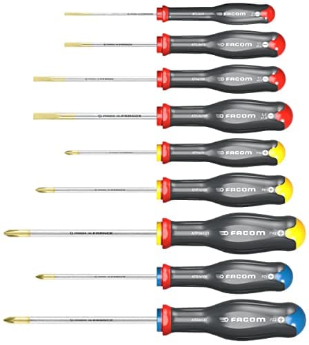 Image of FACOM Set of 9 Protwist Screwdrivers - Ergonomic Non-Slip Handles - 4 Slot + 3 Phillips + 2 Prozidriv - At.9Pb Multi-Coloured
