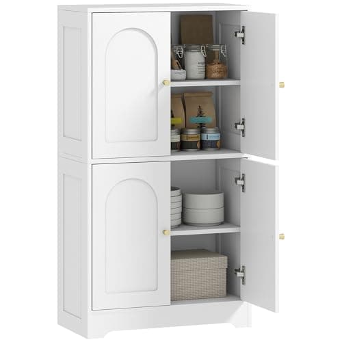 Image of HOMCOM 110cm Kitchen Cupboard, Freestanding Kitchen Storage Cabinet with 4 Arched Doors and 2 Adjustable Shelves, Modern Pantry Cupboard for Dining Room, White