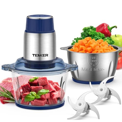 Image of TENKER Food Processor with 2 Bowls (2L+2L), Electric Food Chopper with 2 Sets of Bi-Level Blades, Meat Grinder for Meat, Vegetables, Fruits and Nuts, BPA Free, Safety for Baby Food