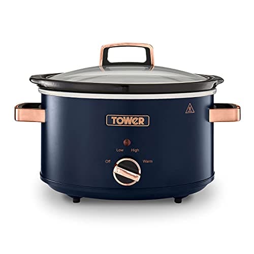 Image of Tower Cavaletto 3.5 Litre Slow Cooker with 3 Heat Settings, Cool Touch Handles, Removable Dishwasher Safe Pot, Up to 4 Portions, Midnight Blue and Rose Gold, T16042MNB