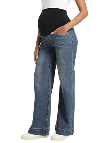 Image of Foucome Women's Maternity Jeans Wide Leg Over Belly Stretchy Baggy Pregnancy Jeans Loose Denim Pants, Vintage Blue Large