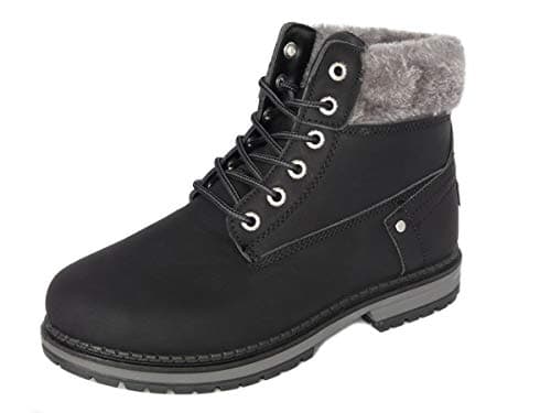 Image of Groundwork Women's Lace Up Ankle Boots Walking Boots Synthetic Leather with Chunky Grip Sole & Faux Fur Collar (6 UK, Black)
