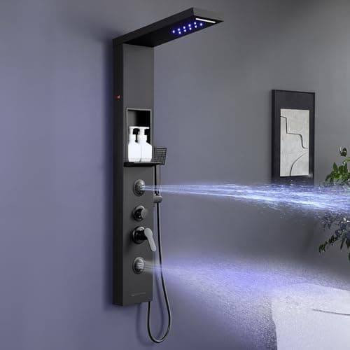 Image of KINKIBOS Tower Shower Panel with Mixer and Shelf, 6-Mode Shower Column LED Rain & Mist Shower, 2 Massage Jets, Handset and Waterfall Bath Spout, Stainless Steel Matte Black