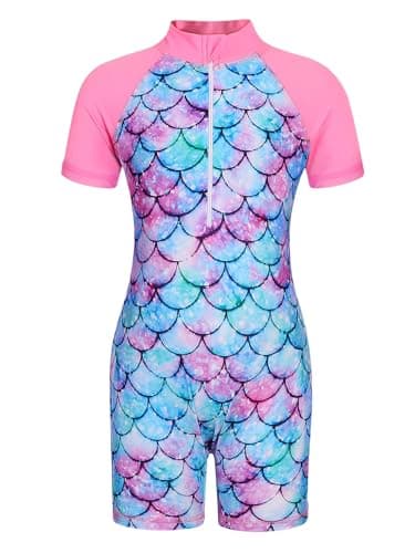 Image of AmzBarley Girls Swimming Costume Kids One Piece Swimsuit Mermaid Swimwear Zipper Swimsuits Short Sleeve Surfing Rash Guard Pink Age 5-6 Years Size 120