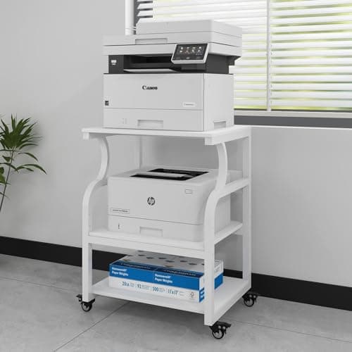 Image of PUNCIA 3-Tier Movable Printer Stand Table with Storage, Large Rolling Cart on Wheels with Adjustable Shelf for Home Office Unit Organization Trolley for Heat Press 3D Printer Copier Machine White