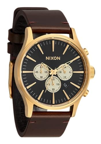 Image of NIXON Sentry Chrono Leather A1391-100m Water Resistant Men's Analog Chronograph Watch (42mm Watch Face, 23mm Leather Band), Gold / Indigo / Brown, 42 mm, Sentry Chrono Leather