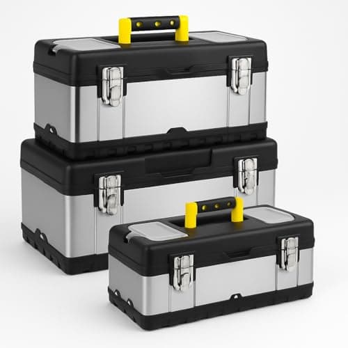 Image of CROWNSHOP Tool Box ToolBox StorageHeavy Duty Stainless Steel Portable Toolbox with Metal Dual Latch Removable Tray Storage Case with Tray and Latch for Small Parts for Tools (14 +17 +19 Inch)