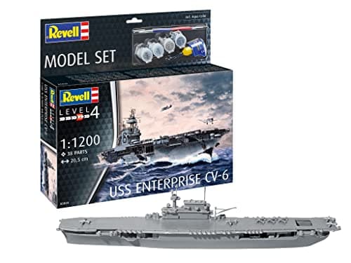 Image of Revell Model Set 65824 USS Enterprise CV-6 1:1200 Scale Unbuilt/Unpainted Plastic Model Kit with Contacta Professional Glue, Paintbrush & Selected Aqua Color Paints