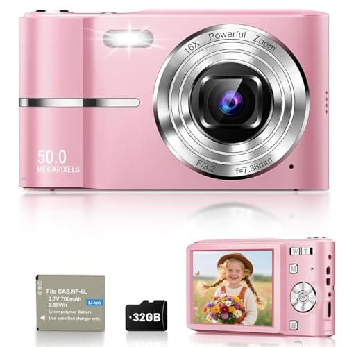 Image of EJXHKNF Digital Camera, 1080P FHD Vlogging Camera 50MP Compact Portable Photo Camera with 2.4" Screen, 16X Digital Zoom Mini Small Pocket Camera for Kids Students with 1 Battery, 32GB Card (Pink)
