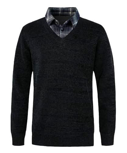Image of Yukirtiq Men's 2 in 1 Jumper Classic Chenille Sweater Casual Winter Warm Fleece Lined Jumpers V-Neck Long Sleeve Pullover Knitwear with Mock Shirt Collar Insert, Black, M