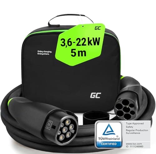 Image of Green Cell GC Snap Type 2 Charging Cable 22 kW 5 m 32 A for EV Electric Cars Type 2 to Type 2 3-Phase TÜV Compatible with Model Y 3 S X, ID.3, ID.4, Q4 e-tron, i4, iX1, 500e, Enyaq, EV6, EQA with