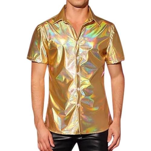 Image of Générique Men's Disco Shirt 60-70s Shiny Clothing Party Shirt Long Sleeve Buttons T-Shirt Men's Flash Stage for Dance Party Carnival Retro Iconic Streetwear Fashion Men, Gold, M