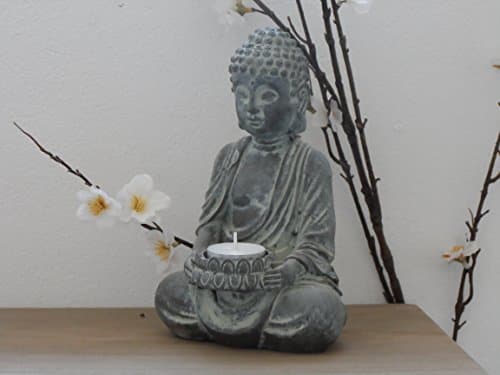 Image of Sitting Buddha Tealight Candle Holder Ornament Stone Effect Home or Garden