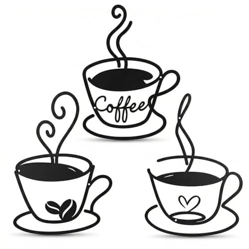 Image of 3 Pcs Metal Coffee Cup Wall Art, Minimalist Wire Coffee Bar Sign, Black Vintage Kitchen Wall Decor, Hanging Silhouette Sculpture for Cafe Station, Restaurant, Home & Office Decoration
