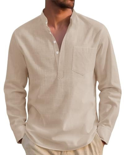 Image of J.VER Linen Shirts Men Long Sleeve Regular Fit Casual Beach Summer Henley Shirt for Men with Pocket Khaki L