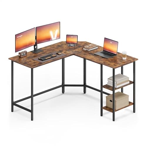 Image of VASAGLE Computer Desk, L-Shaped Corner Desk, 130 x 130 x 76 cm, Gaming Desk, Workstation with 2 Storage Shelves for Home Office, Space-Saving, Easy to Assemble, Rustic Brown and Ink Black LWD123K01V1