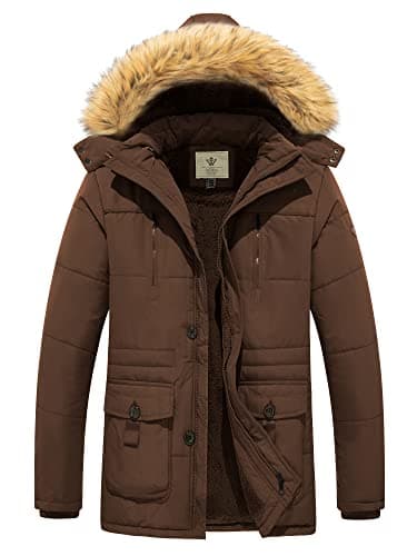 Image of WenVen Men's Winter Outdoor Puffer Jacket Insulated Cotton Quilted Coat Classic Military Style Parka Jacket Hooded Windproof Coat Coffee L